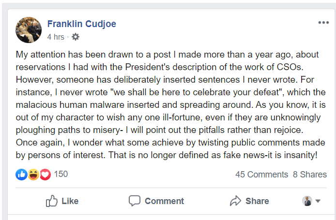 FACT-CHECK: Franklin Cudjoe denies he will celebrate an NPP election defeat