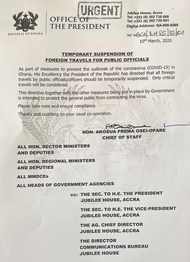 Coronavirus: Ghana temporarily suspends all but critical foreign travels by public officials