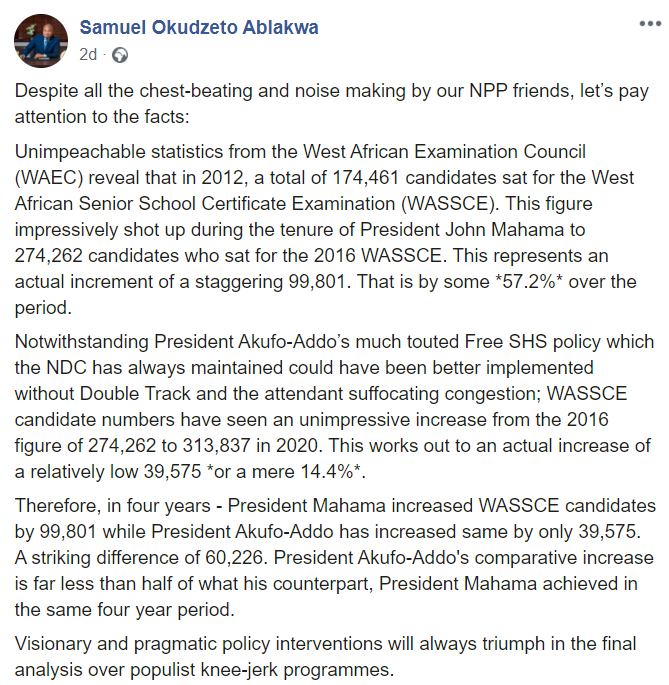 FACT-CHECK: NDC MP, Okudzeto Ablakwa falsely claims WASSCE candidates increased more under the NDC administration than the current NPP government