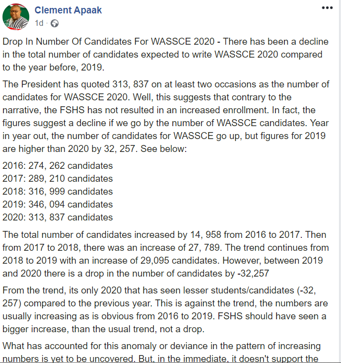 FACT-CHECK: NDC MP, Dr Apaak falsely claims number of 2020 WASSCE candidates has dropped