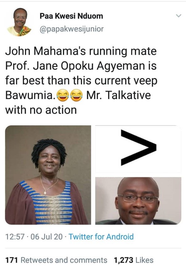 What did Dr Paa Kwasi Nduom and Prof Stephen Adei say about NDC's running mate?