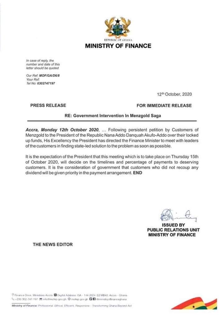 FAKE: Viral letter claims Finance Ministry to meet aggrieved Menzgold customers
