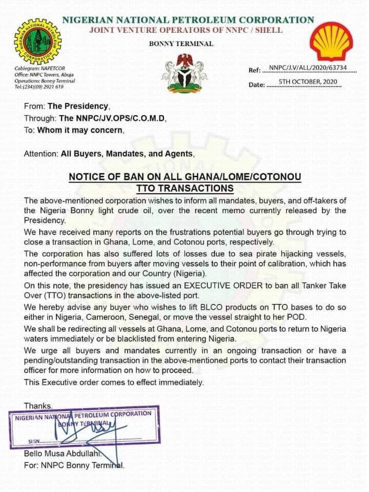 FAKE: Nigeria bans off-takers of Crude from Ghana, Togo and Benin