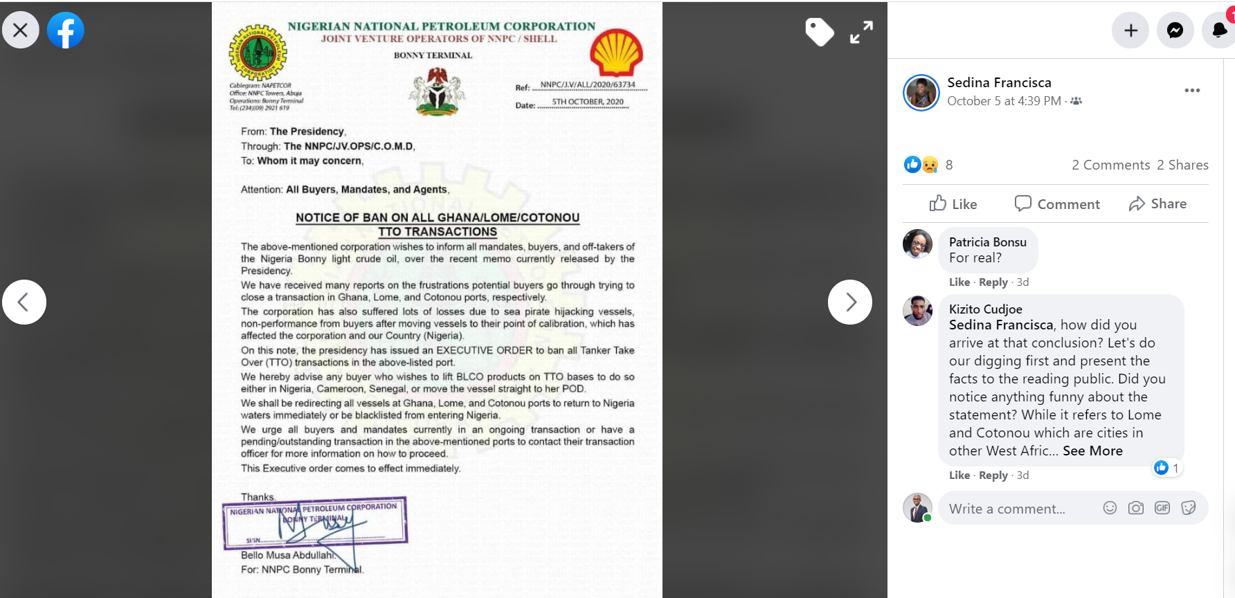 FAKE: Nigeria bans off-takers of Crude from Ghana, Togo and Benin