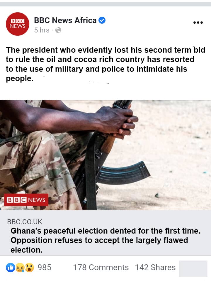 FAKE: Viral screenshot of BBC Facebook post on Ghanaian election FAKE: Viral screenshot of BBC Facebook post on Ghanaian election