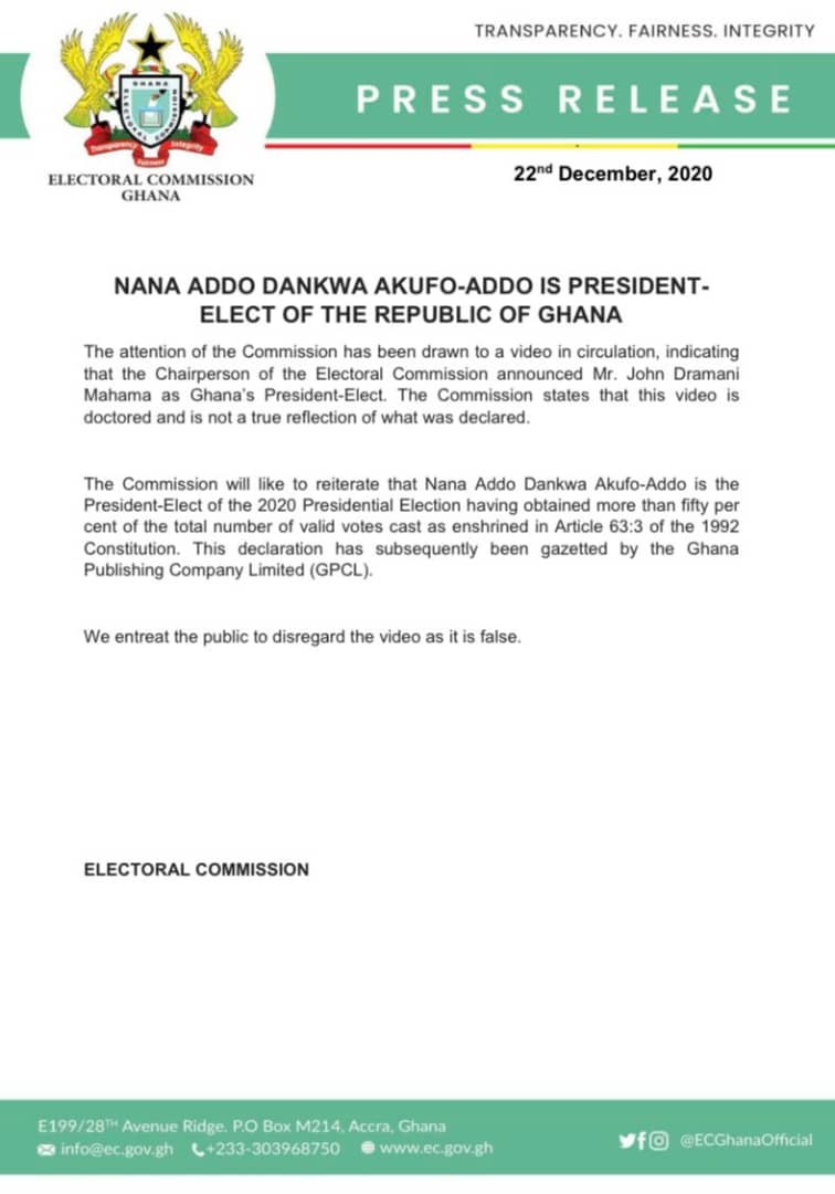 FALSE: Viral video shows EC declaring John Mahama as President-Elect of Ghana