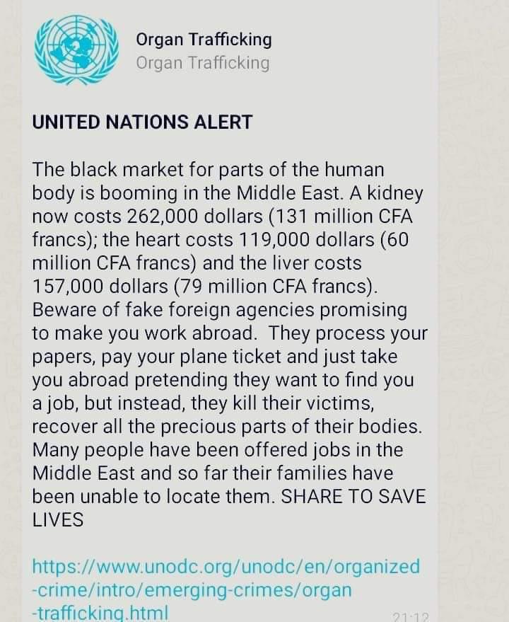 FALSE: United Nations has not issued an organ trafficking alert for the Middle East