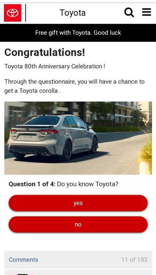 HOAX: A site offering cars and gifts as part of Toyota's 80th anniversary celebration is a scam