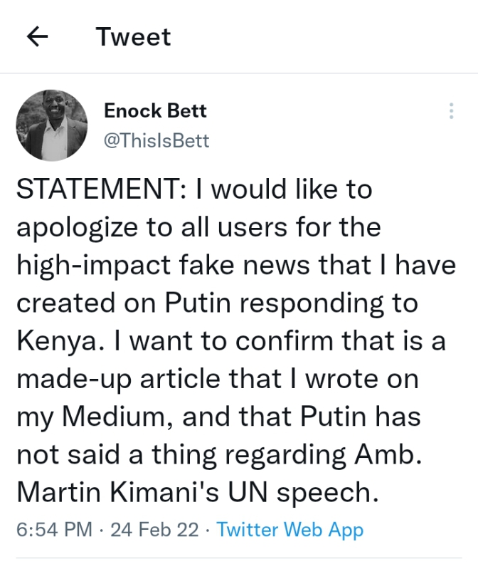 FAKE: Vladimir Putin has NOT responded to Kenyan U.N. Ambassador's remarks condemning Russia's moves in Ukraine