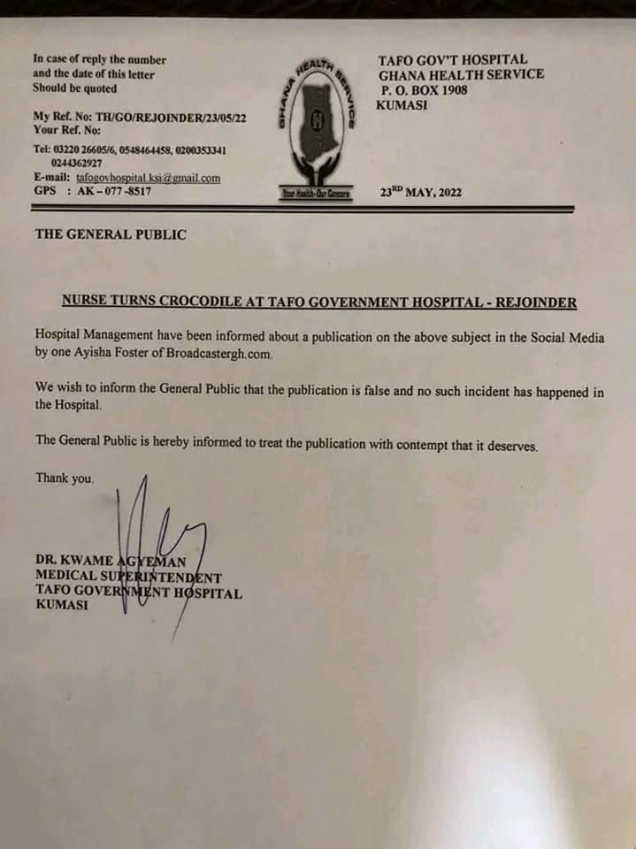 FACT-CHECK: Nurse turns into a crocodile at Tafo Government Hospital? FACT-CHECK: Nurse turns into a crocodile at Tafo Government Hospital?