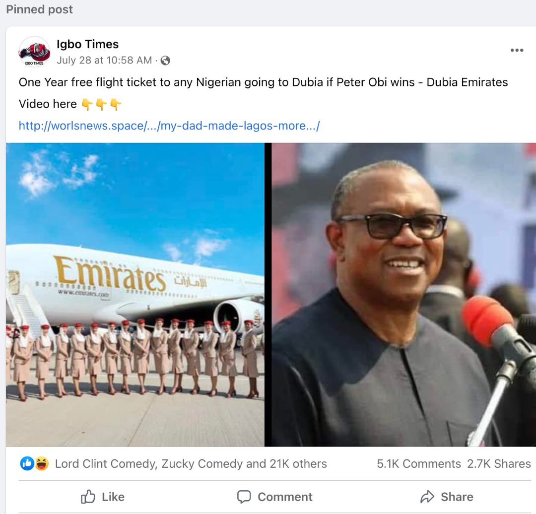 Emirates airline has not promised 1-year free flight tickets to Nigerians if Peter Obi wins the upcoming presidential election