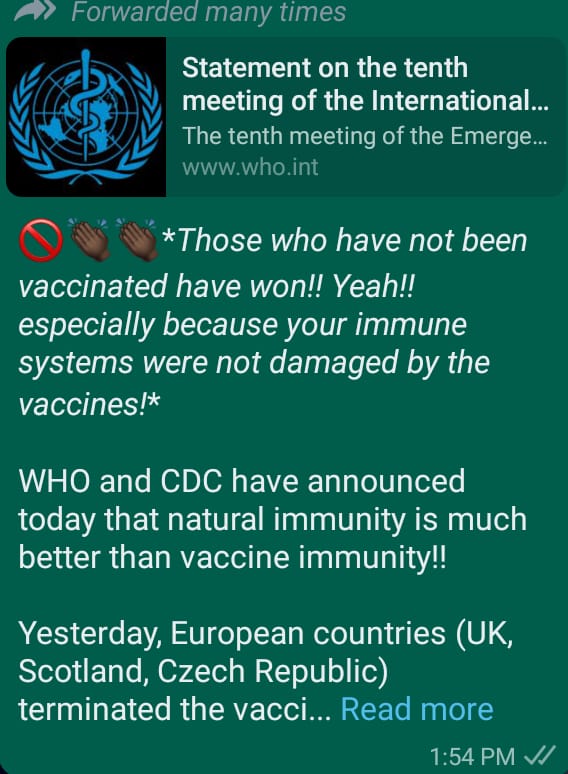 FALSE: Viral message claims WHO has announced that natural immunity is much better than vaccine immunity FALSE: Viral message claims WHO has announced that natural immunity is much better than vaccine immunity