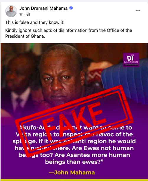 FACT-CHECK: No evidence that former Prez Mahama made tribal comment following Volta floods