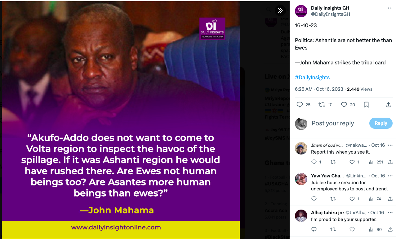 FACT-CHECK: No evidence that former Prez Mahama made tribal comment following Volta floods