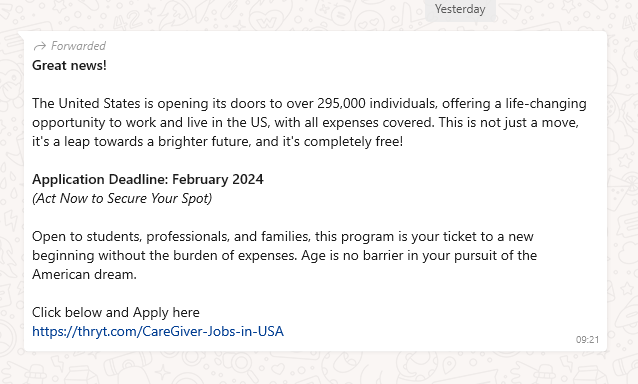 HOAX: A viral phishing link promoting visa sponsorship jobs in the USA is a scam