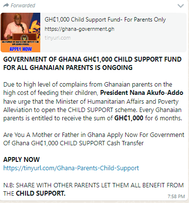 HOAX: Phishing message claiming Ghana has launched child support fund 'fake'