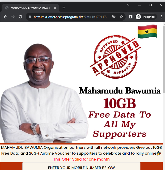 HOAX: The website promising to gift WhatsApp users 10 GB of data following Dr Bawumia's election as NPP presidential candidate is a SCAM