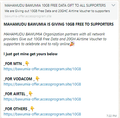 HOAX: The website promising to gift WhatsApp users 10 GB of data following Dr Bawumia's election as NPP presidential candidate is a SCAM