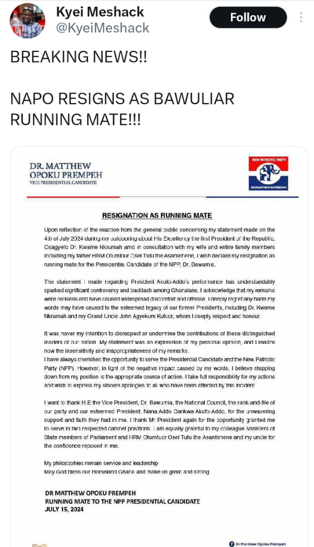 FACT-CHECK: Letter alleging Napo's resignation as NPP running mate is FAKE