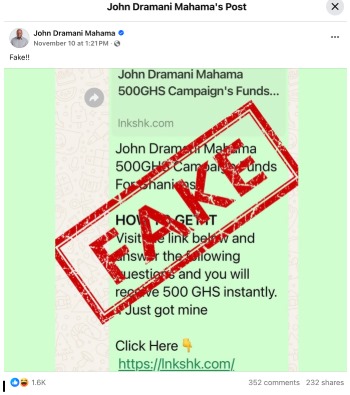 HOAX: WhatsApp message claiming John Mahama is giving out Gh¢500 in campaign funds is a scam