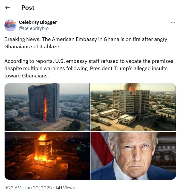 FACT-CHECK: Viral WhatsApp post of US Embassy in Ghana on fire is False