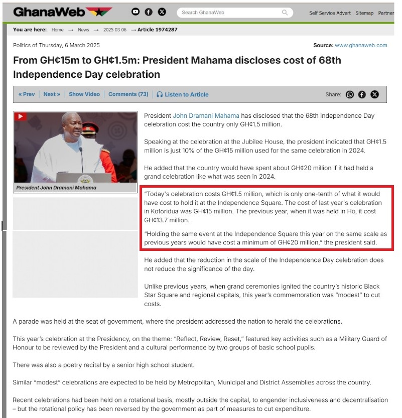 FACT-CHECK: President Mahama did not say 68th Independence Day celebration cost GH¢1.5 million