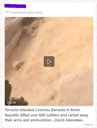 False! Benin did not lose 600 soldiers during terrorist attack as claimed in viral WhatsApp message
