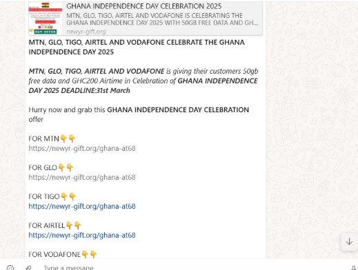 HOAX: WhatsApp message about telcos giving free 50GB data, GH¢200 airtime as part of Ghana @68 celebrations is a scam