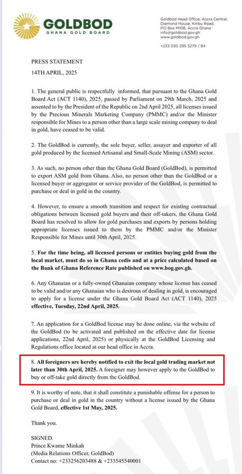 Misleading! All foreign gold traders have not been ordered to leave Ghana by April 30