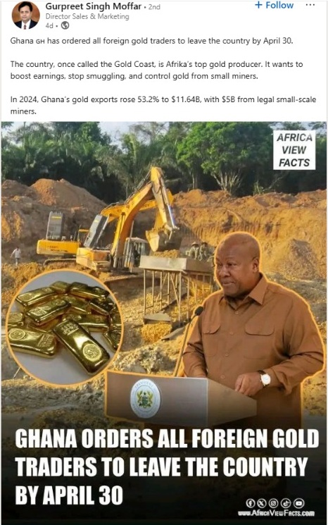 Misleading! All foreign gold traders have not been ordered to leave Ghana by April 30