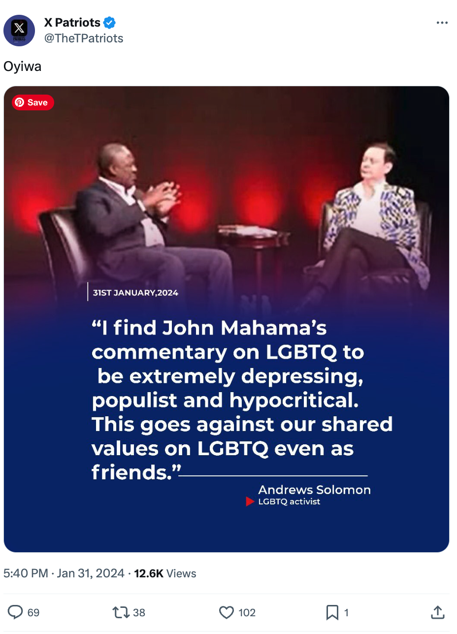 FALSE: Has Andrew Solomon criticized Ghana's former Prez Mahama over his opposition to LGBTQ practices?