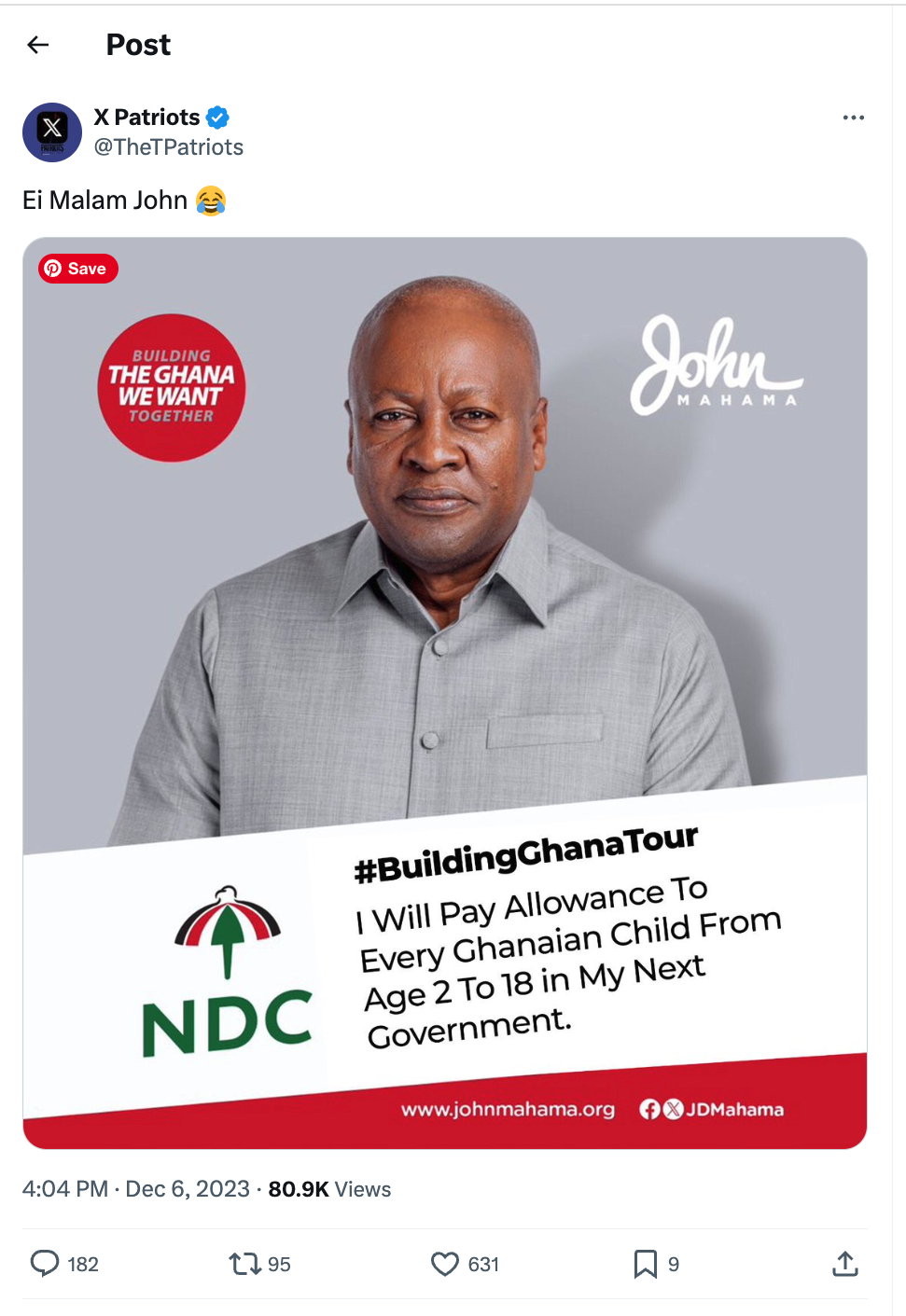 FALSE: John Mahama has not promised to pay allowances to every Ghanaian Child if elected president as seen in viral image
