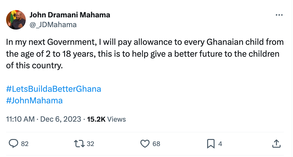 FALSE: John Mahama has not promised to pay allowances to every Ghanaian Child if elected president as seen in viral image