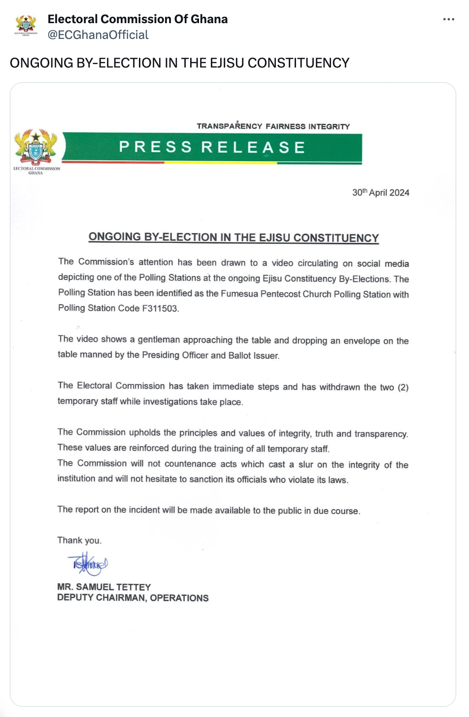 Ejisu By-Election: Two EC officials removed from post after collecting an envelope from NPP Member of Parliament