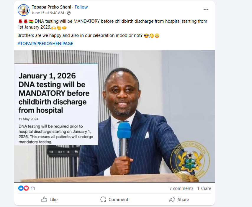 Hoax! Ghana's Health Minister has not announced mandatory DNA testing for newborns Hoax! Ghana's Health Minister has not announced mandatory DNA testing for newborns