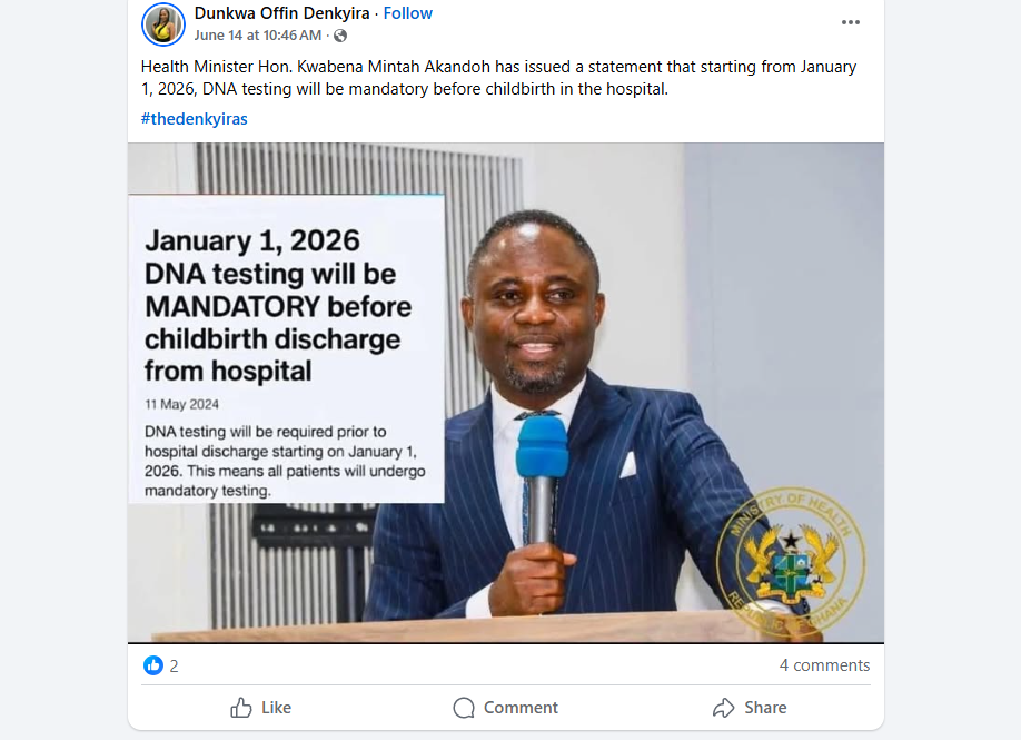 Hoax! Ghana's Health Minister has not announced mandatory DNA testing for newborns Hoax! Ghana's Health Minister has not announced mandatory DNA testing for newborns
