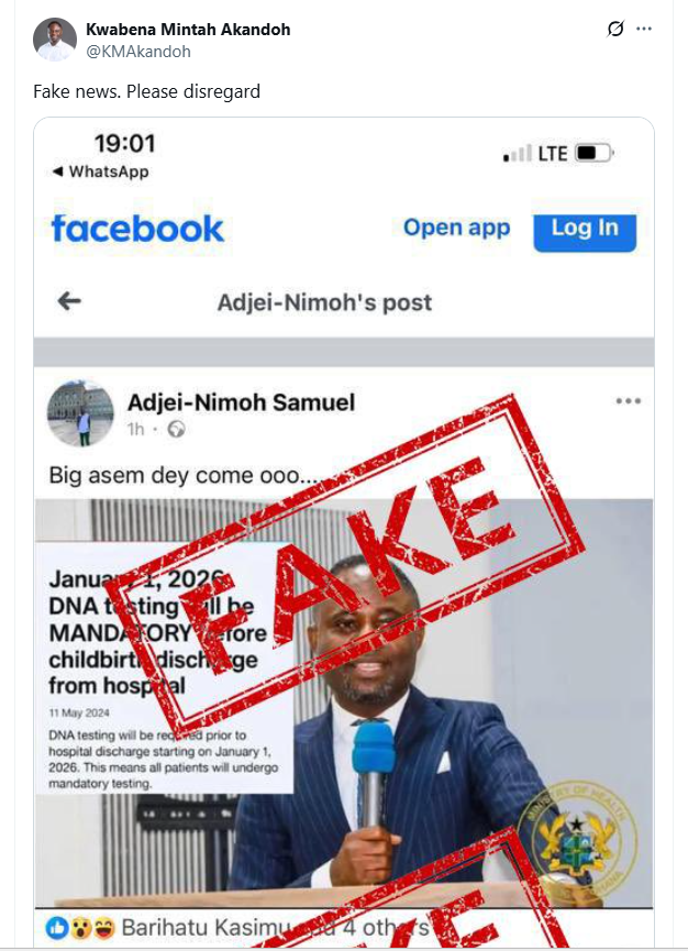 Hoax! Ghana's Health Minister has not announced mandatory DNA testing for newborns Hoax! Ghana's Health Minister has not announced mandatory DNA testing for newborns