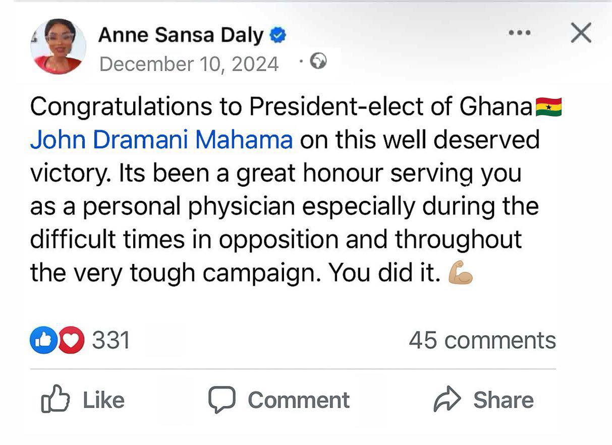 FACT-CHECK: Is Anne Sansa Daly Mahama’s ‘personal doctor’? Here is what we found verifying a viral Facebook post FACT-CHECK: Is Anne Sansa Daly Mahama’s ‘personal doctor’? Here is what we found verifying a viral Facebook post
