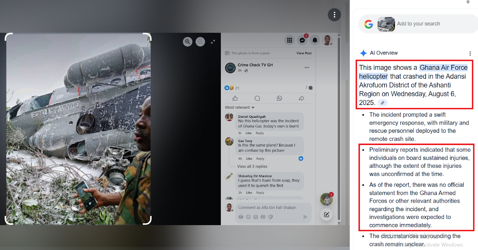 Busting misinformation around the August 6 crash: India crash photo, misleading 2024 video, AI hallucination