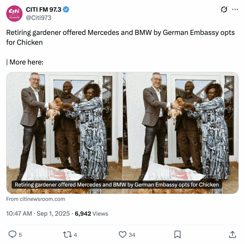 FACT-CHECK: TV3, Citi FM amplify fake story of Kenyan gardener who chose chicken gift over BMW, Benz