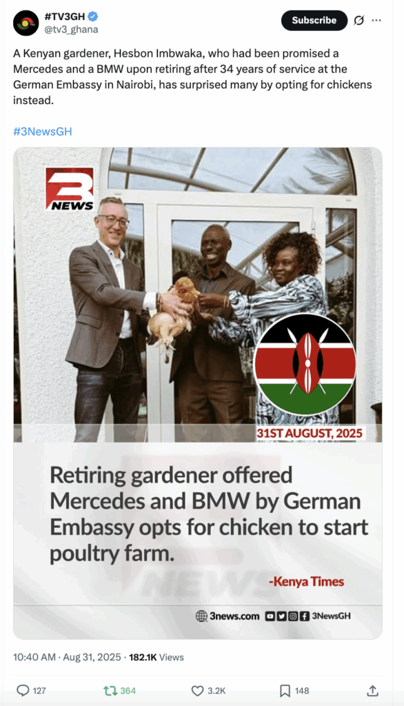FACT-CHECK: TV3, Citi FM amplify fake story of Kenyan gardener who chose chicken gift over BMW, Benz