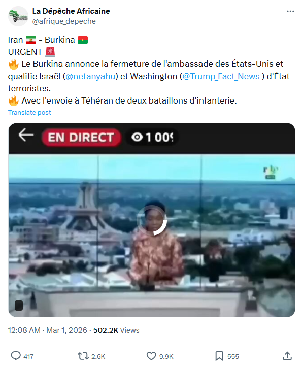False! Burkina Faso has NOT backed Iran in war with Israel, US; circulating video is a deepfake 