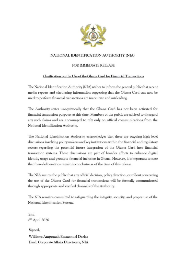 False! Ghana Card cannot be used for online transactions; Ghana hasn’t ditched Visa, Mastercard
