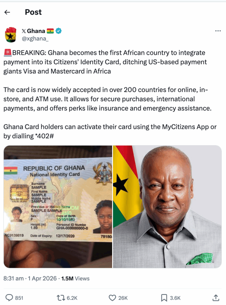 False! Ghana Card cannot be used for online transactions; Ghana hasn’t ditched Visa, Mastercard