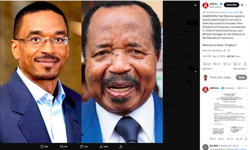 FACT-CHECK: Cameroon president did not appoint his son as Vice President