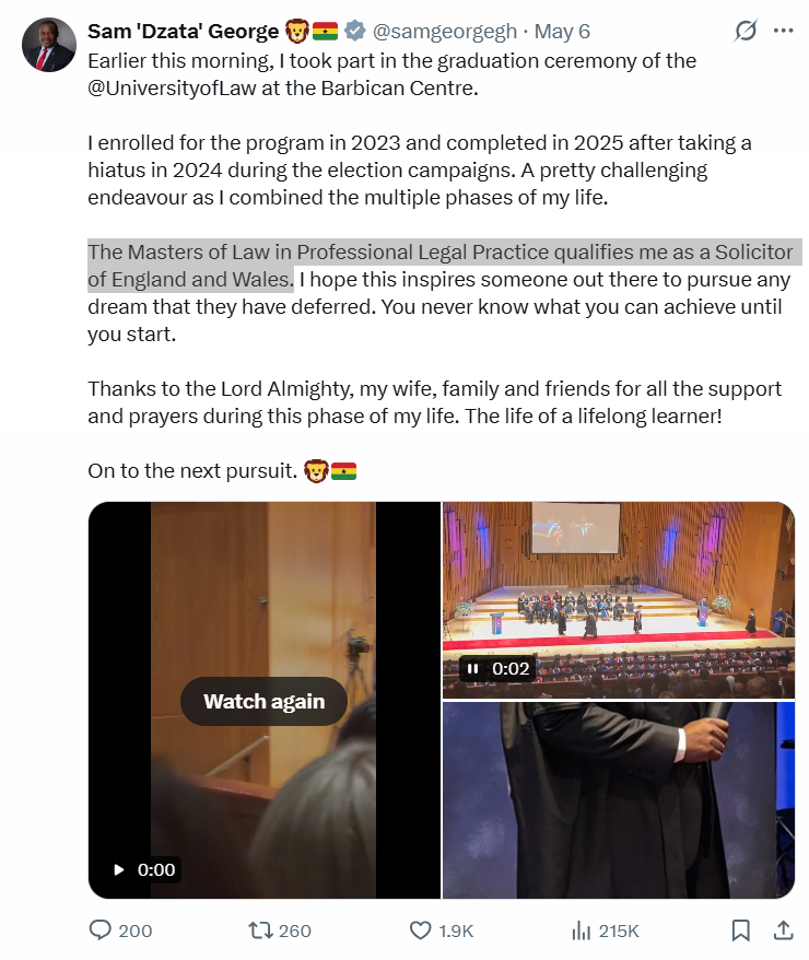 Sam George’s claim that LLM from UK university qualifies him as a Solicitor of England and Wales is False