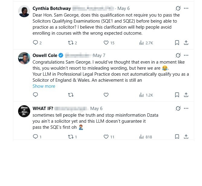 Sam George’s claim that LLM from UK university qualifies him as a Solicitor of England and Wales is False