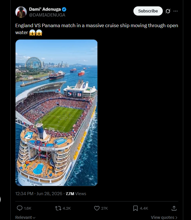 2026 World Cup: Viral video claiming England vs Panama match was played on a cruise ship is AI-generated 2026 World Cup: Viral video claiming England vs Panama match was played on a cruise ship is AI-generated