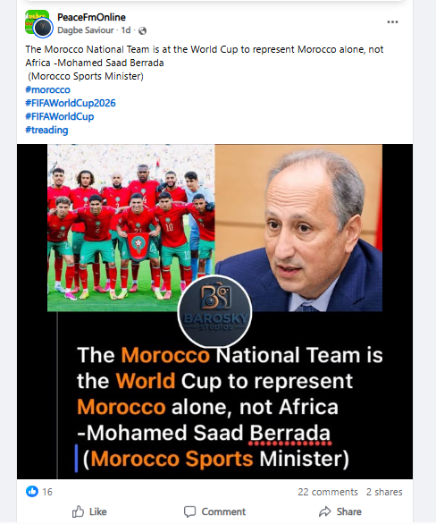False! Sports minister did not say Atlas Lions representing Morocco not Africa at World Cup False! Sports minister did not say Atlas Lions representing Morocco not Africa at World Cup
