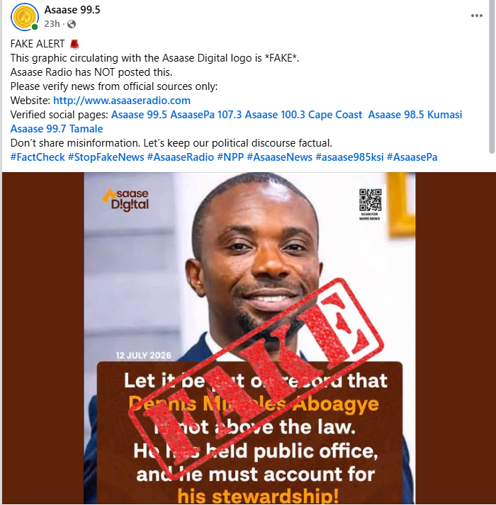 Fake! Asaase radio quote card saying ‘Miracles Aboagye is not above the law’ is fabricated!